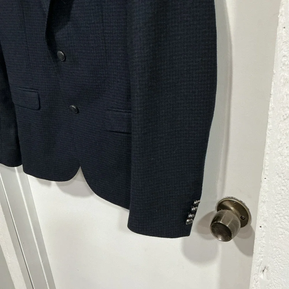 Zara Man Houndstooth Wool Blend Sport Coat Jacket Blazer, Navy Blue, 38R